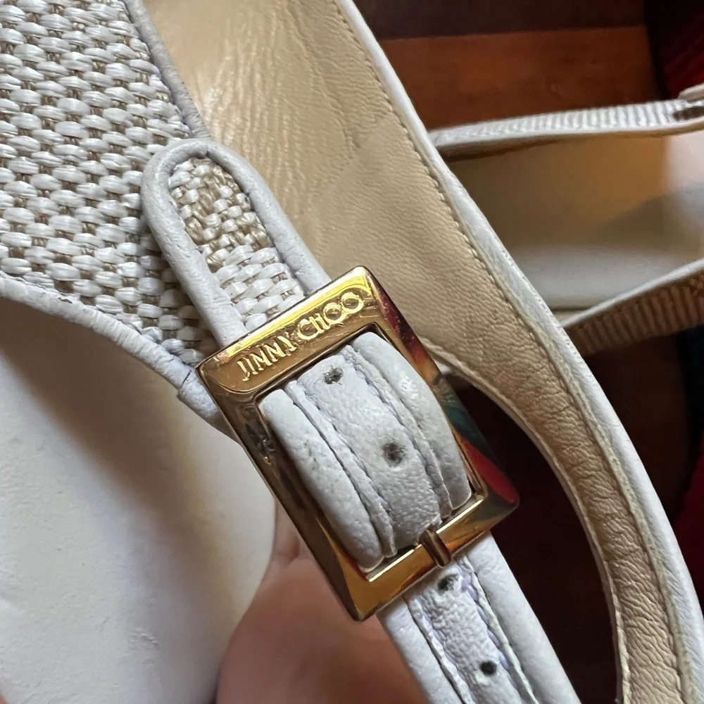 Jimmy Choo White and Natural Cork Woven Peep-Toe Wedge Sandals